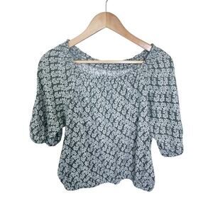 LOFT Green Leaf/Floral Print‎ Off Shoulder Peasant 100% Cotton Shirt Blouse Sz L